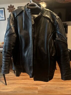 Unik Black Leather Bomber Jacket with Blue Trim and matching chaps